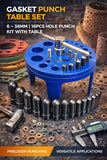 BLUEFOX TOOLS Gasket Punch Table Set 6–38mm | 16PCS Hole Punch Kit with Table | Heavy Duty Hollow Punch Set for Leather, Rubber, Plastic, Copper, Brass & Gasket Cutting