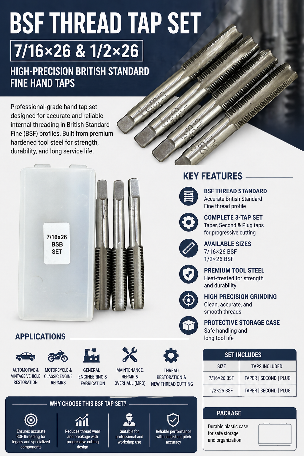 BSF Thread Tap Set (7/16×26 & 1/2×26) – High-Precision British Standard Fine Hand Taps