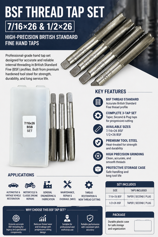 BSF Thread Tap Set (7/16×26 & 1/2×26) – High-Precision British Standard Fine Hand Taps