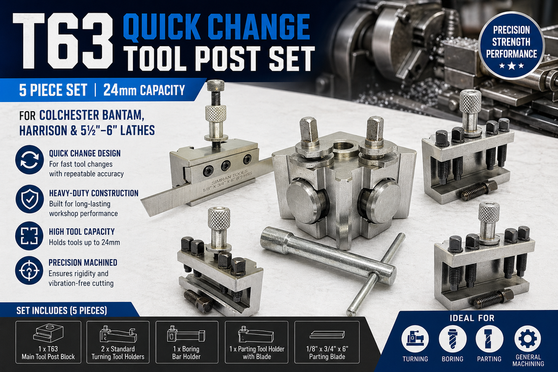 🔧 T63 Quick Change Tool Post Set – 5 Piece | 24 mm Capacity | For Colchester Bantam, Harrison & 5–6″ Lathes