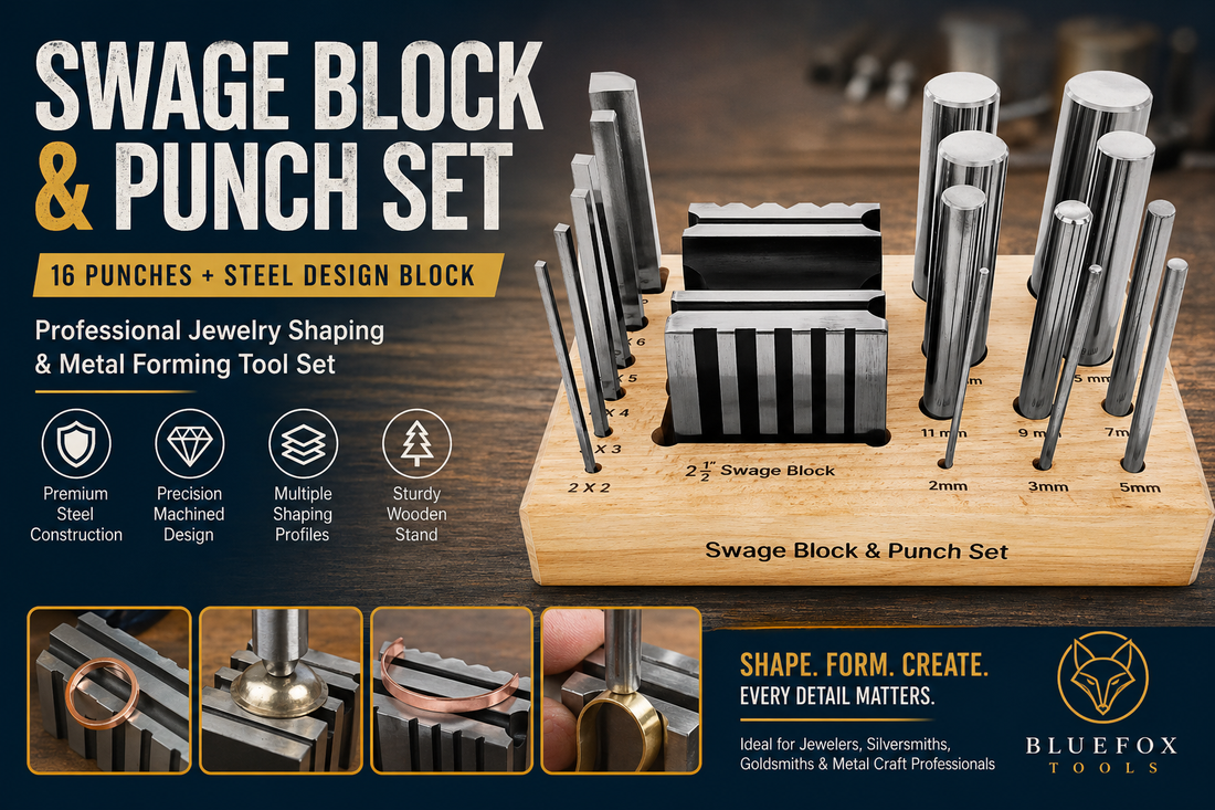 🔧 BLUEFOX TOOLS Steel Swage Block & Forming Design Block with 16 Punches