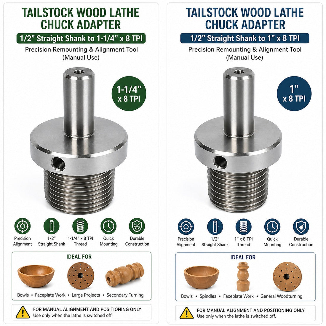 Tailstock Wood Lathe Chuck Adapter 🔩 | 1/2″ Straight Shank | 1″ × 8 TPI & 1-1/4″ × 8 TPI Options 🪵 | Precision Remounting & Alignment Tool 🎯 (Manual Use)