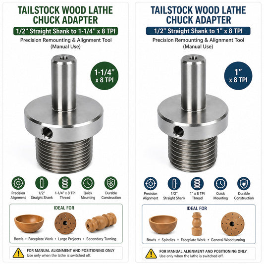 Tailstock Wood Lathe Chuck Adapter 🔩 | 1/2″ Straight Shank | 1″ × 8 TPI & 1-1/4″ × 8 TPI Options 🪵 | Precision Remounting & Alignment Tool 🎯 (Manual Use)