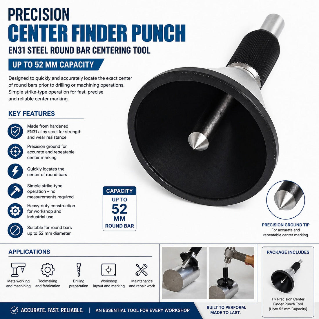 🔧 Precision Center Finder Punch – EN31 Steel Round Bar Centering Tool | Up to 52 mm Capacity